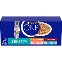 Purina ONE Senior 7+ x10 with Chicken, x10 with Salmon, x10 with Beef, x10 with Ocean Fish wet cat food