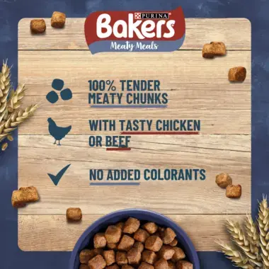 Bakers Meaty Meals 100% tender meaty chunks with tasty chicken or beef