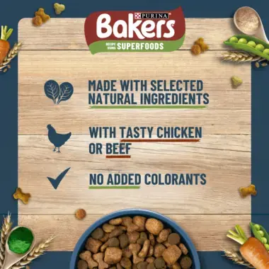 Bakers made with selected natural ingredients, with tasty chicken or beef, no added colorants