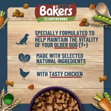 Bakers specially formulated to help maintain the vitality of your older dog (7+)