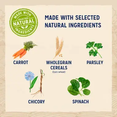 Made with selected natural ingredients; carrot, wholegrain cereals, parsley, chicory, spinach